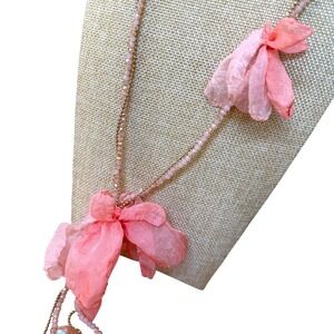 Stella Ruby Pink Beaded Necklace Delicate Fabric Petals Gold Fem, Floral, Whimsy